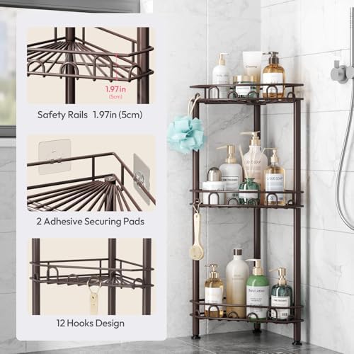SWTYMIKI Standing Shower Caddy Corner - 3‑Tier Stainless Steel Shower Organizer Shelf with 12 Hooks and Adhesive Pads, Rustproof Corner Shelves Stand Rack for Bathroom Shower Room, Bronze - Image 4