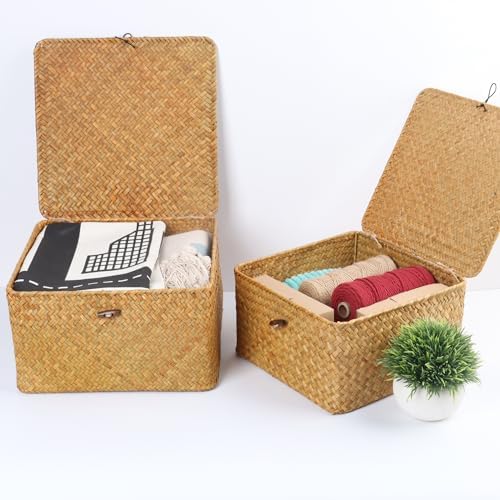 Moosky Wicker Shelf Baskets with Lid, Handwoven Seagrass Storage Basket Bins Square Gift Boxes for Shelves Home Decor Organizer (Natural, Set of 4) - Image 4