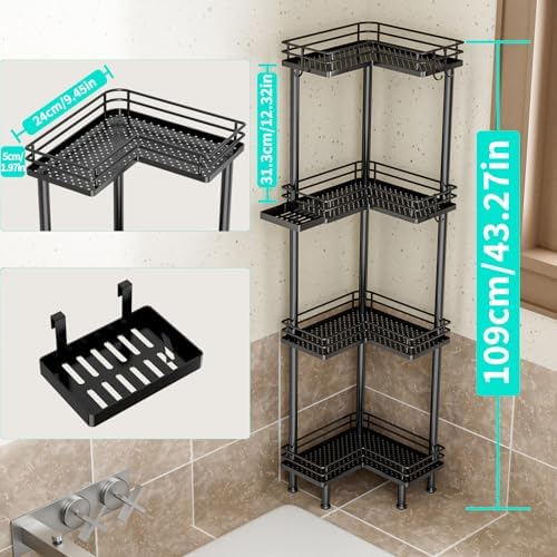 HapiRm Corner Shower Caddy Organizer - 4 Tier Shower Shelf Corner with Soap Holder, Rustproof Bathroom Standing Organizer with 4 Hooks, Black - Image 4