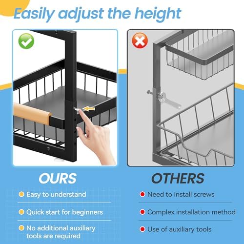 ADBIU Under Sink Organizer 2 Packs 2 Tier Expandable Height Under-Sink Organizers Slide Out Pull Out Organizer Shelf, Black - Image 4