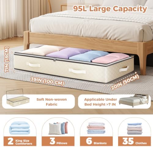 Budding Joy 95L Underbed Storage Containers, 4 Pack Closet Organizers Beige - Image 3