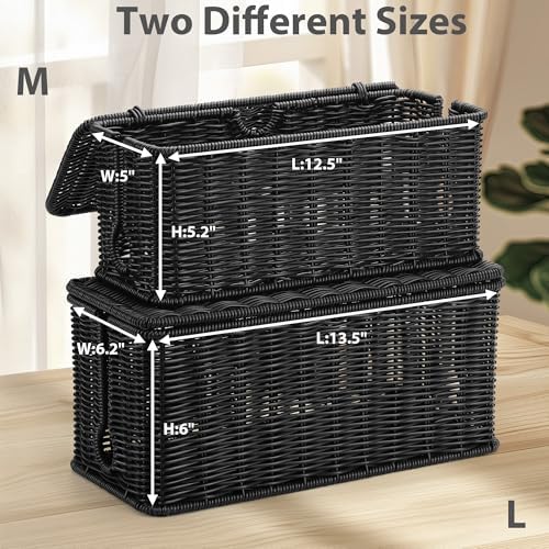 ZhiYo Rattan Cable Management Box, Black Desk Cord Organizer, 2 Pack (M&L) - Image 2