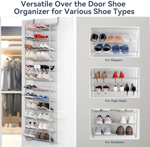 Whitmor 36 Pair Over The Door Shoe Organizer, 12 Tier Hanging Shoe Organizer, Heavy Duty Metal & Mesh Shoe Holder, Hanging Shoe Rack for Closet Organizer & Storage, 74"H x 21.7"W x 7.5"D, Grey - Image 4