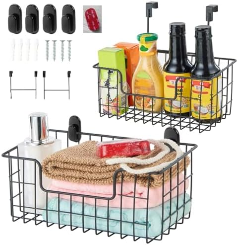 JUNCHU CHERRY Wire Storage Basket 2 Packs, Wall Mounted Kitchen Bathroom, Hanging Cabinet Door Storage Basket, no Drilling, Supporting 2 Types of Hooks, Strong Bearing, Suitable for Home, Black by JUNCHUCHERRY