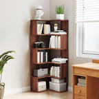 6-Tier L-Shaped Corner Bookshelf, 63" Tall Freestanding Wood Grain Corner Bookcase with Safety Baffle, Space-Saving Corner Shelf Storage for Living Room, Bedroom, Home Office, Walnut - Image 5