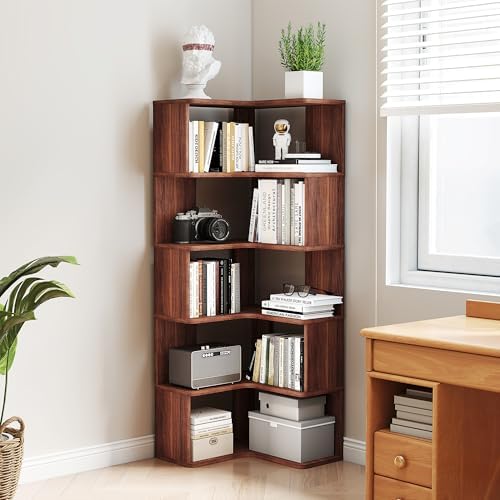 6-Tier L-Shaped Corner Bookshelf, 63" Tall Freestanding Wood Grain Corner Bookcase with Safety Baffle, Space-Saving Corner Shelf Storage for Living Room, Bedroom, Home Office, Walnut - Image 5