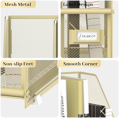 SUPEASY Desk Organizers Metal Desk Magazine File Holder with 5 Vertical Compartments Rack File Organizer for Office Desktop, Classroom, Home Workspace, Golden Yellow, Plus - Image 4