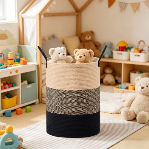 100L Extra Large Tall Cotton Rope Laundry Basket with Handle, Brown & Black - Image 6