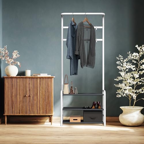 Simple Houseware Coat Rack with Shelf, Standing Hall Tree with Hooks, White - Image 5