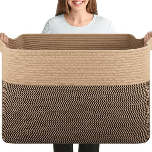 OIASKET 108L Cotton Rope Storage Basket for Living Room and Bedroom 25"x16"x16" Woven Laundry Basket, Heavy Duty Bin for Blankets, Pillows & Toys, Pet-Safe & Scratch-Free, Brown and Black by OIASKET