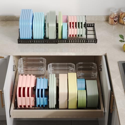 Expandable Food Container Lid Organizer,Large Capacity Adjustable 8 Dividers Detachable Lid Organizer Rack for Cabinets, Cupboards, Pantry Shelves, Drawers Keep Kitchen Tidy,Black 10.2”wide,3.6 Pound. - Image 2