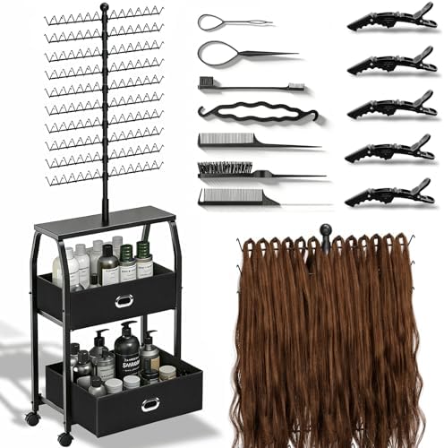 XINTUO Portable Braiding Hair Rack with Wheels & Storage Drawers,280 Pegs Hair Extension Holder Hanger for Braiding Hair Separator Stand Display,Hair Rack with Stylist Hair braiding Tools(Black) by XINTUO