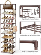 Tall 10 Tier Shoe Rack - 20-24 Pair Storage, Sturdy Metal Shoe Organizer with Hooks for Closet, Entryway, Brown - Image 6