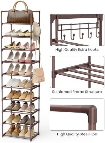 Tall 10 Tier Shoe Rack - 20-24 Pair Storage, Sturdy Metal Shoe Organizer with Hooks for Closet, Entryway, Brown - Image 6