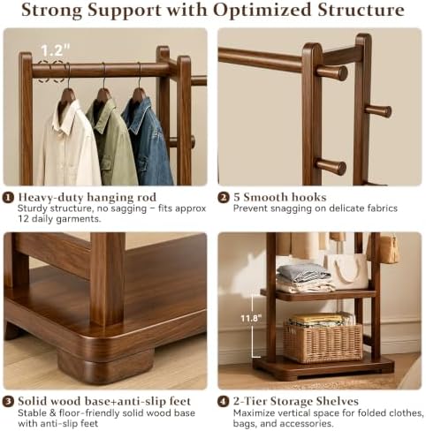Taitiy Coat Rack Solid Wood Hall Tree Storage 2 Shelves 5 Hooks - Image 4