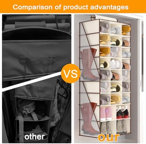 Hanging Shoe Organizer for Closet-Collapsible Storage Rack with 25 Sections & 4 Side Pockets, Hanging Shoe Shelves for Hats,and Clothes, Beige - Image 7