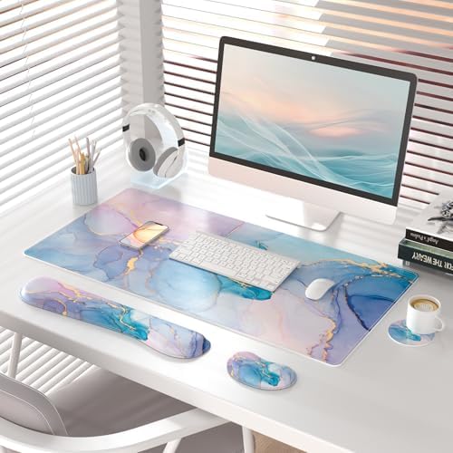 QiyI PU Leather Desk Mat Set, 4-in-1 Ergonomic Wrist Rest, Blue Pink Fluid - Image 2