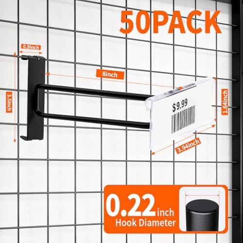 8 Inch Gridwall Hooks with Price Tag Slot,50 PC Extra Long Black Electroplated Hangers for Coats, Tools, Cables - Image 7
