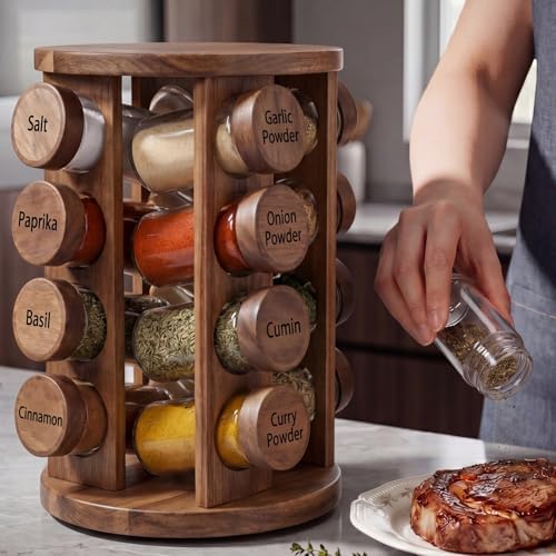 Yungyan Acacia Wood Rotating Spice Rack with 16 Empty Jars and Labels - Image 2