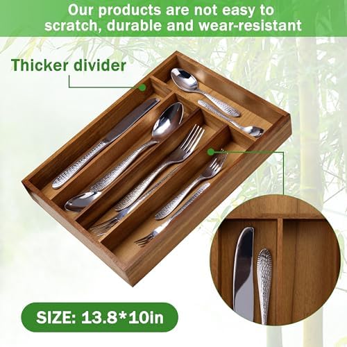 Greenual Acacia Wood Silverware Organizer 10 In Utensil Organizer Silverware Tray for Drawer Cutlery Flatware Organizer for Kitchen - Image 2