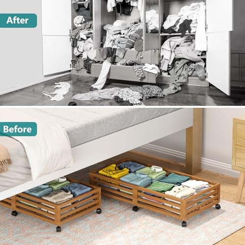 Wisuce 2 Packs Bamboo Under Bed Storage Organizer with Wheels Black Large - Image 6