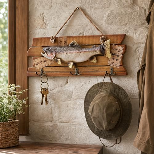 huulmood Mounted Fish Wall Plaque with 3 Hooks, Wooden fish Key Holder by HUULMOOD