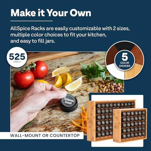 AllSpice Spice Rack Organizer, Wood, 525 Unique Labels, Countertop or Wall Mount, Includes 30 4oz Jars- Bamboo - Image 4