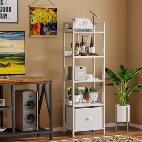 Furologee 5 Tier Bookshelf with Fabric Drawer, Tall Narrow Bookcase, White - Image 6