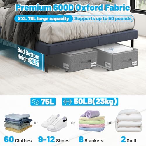 Under Bed Storage with Wheels, 4-Pack 10" Height XXL 75L Rolling Storage Bins, Quick Assembly Underbed Shoe Storage Containers with Clear Lid & Label, Dorm Under Bed Drawers for Clothes, Shoes, Grey - Image 2