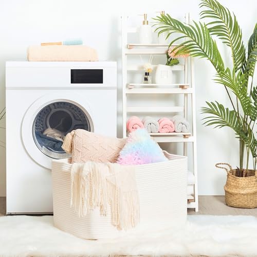 MINTWOOD Design 22in Extra Large Blanket Basket Holder Living Room, Rectangle Rope Woven Storage Basket with Handles for Laundry, Pool Towels, and Shoes, Dog Toy Organizer Bin Box, Creamy White - Image 3