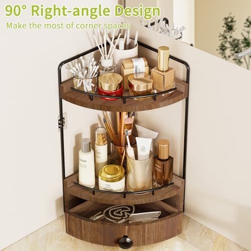 2-Tier Corner Bathroom Counter Organizer with Drawer, Dark Brown - Image 5