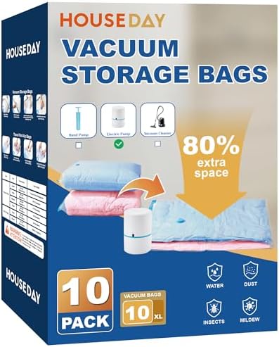 HOUSE DAY 10 Jumbo Vacuum Seal Bags For Clothing Travel, 80% Space Saving Travel Vacuum Bags with Electric Pump, Vacuum Storage Bags For Clothes, Comforters, Blankets, Moving, Reusable & Durable by HOUSEDAY