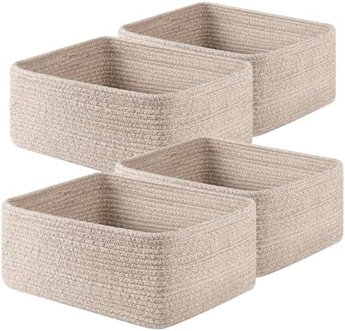 OIAHOMY 4 Pack 14.17 * 11.02 * 6.3IN Storage Baskets for Organizing Shelves, Woven Rope Baskets for Organizing Books, Clothes, Decorative Basket for Living Room, Nursery, Bedroom, Gift Basket, Brown by MasterofSpaceOptimization