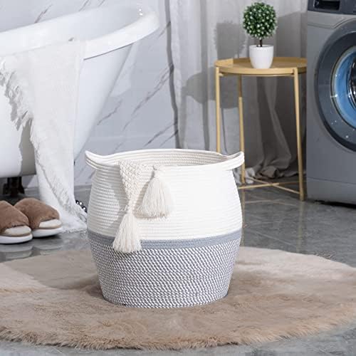 KAKAMAY Woven Baskets for Storage(17"x17"),Large Cotton Rope Woven Baby Laundry Hamper,Collapsible Laundry Basket, Blanket Basket for Organizing Living Room,Nursery,Pillows,Toy Chest(Grey) - Image 6