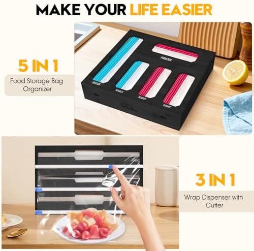 9 in 1 Foil and Plastic Wrap Dispenser with Cutter, Black Bamboo Ziplock Bag Organizer for Drawer - Holds Gallon, Quart Bags & Aluminum Foil/Wax Paper, Wall Mountable Kitchen Storage - Image 5