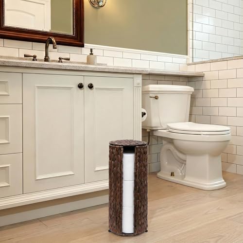 PINXIURY Water Hyacinth Paper Roll Holder, Wicker Toilet Paper Holder Stand for Bathroom, Toilet Roll Holder Stand for Bathroom and Under Sink, 3 Rolls of Toilet Paper Storage, Coffee - Image 5