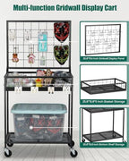 AHOWPD Grid Wall Panels Display Cart - Rolling Heavy Duty Metal Wire Grid Wall Display Stand Rack with 10 Hooks & 10 S Hooks for Craft Shows, Retail Art Fair and Flea Market (Black Cart, 1 pc) - Image 4