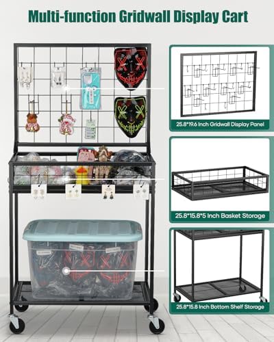 AHOWPD Grid Wall Panels Display Cart - Rolling Heavy Duty Metal Wire Grid Wall Display Stand Rack with 10 Hooks & 10 S Hooks for Craft Shows, Retail Art Fair and Flea Market (Black Cart, 1 pc) - Image 4