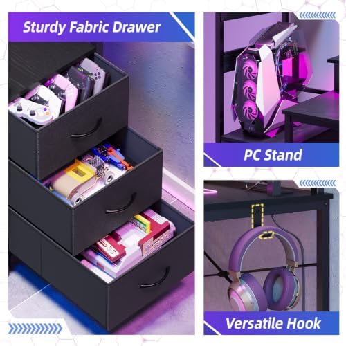 SUPERLELE Gaming Desk with Power Outlet, LED Lights, Storage Shelf & Drawer - Image 7
