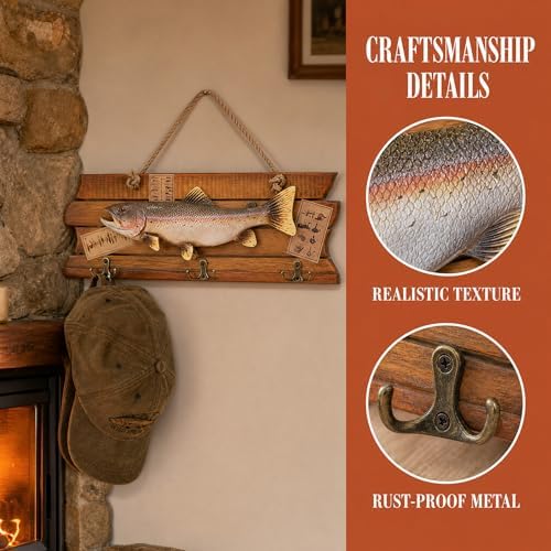 huulmood Mounted Fish Wall Plaque with 3 Hooks, Wooden fish Key Holder - Image 2