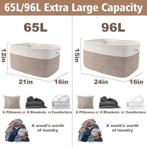 JMvicyroam 96L Large Woven Cotton Rope Blanket Basket, White&Oatmeal - Image 3
