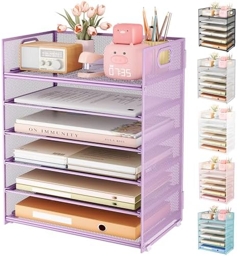 Subekyu 6 Tier Paper File Tray Organizer for Desk, Purple Mesh Desk Letter Paper File Folder Accessories Sorter Organizer with Handle, Stackable Slide Tray for Office, Home or School Supplies Storage by SUBEKYU