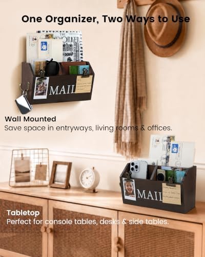 DLQuarts Solid Wood Mail Organizer Countertop or Wall Mounted, Dark Walnut - Image 3