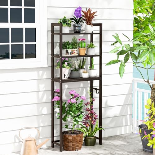 GIANTEX Over The Toilet Storage Shelf, 3-Tier Freestanding Space Saver Above Toilet Shelves with 3 Hooks & Adjustable Bottom Bar, Over Toilet Bathroom Organizer for Restroom, Laundry (Coffee) - Image 5