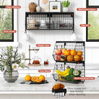 Goozii Black Kitchen Wall Hanging Storage Basket Set of 2, Rustic Stackable Kitchen Counter Fruit Organizer, Wire Baskets Container for Veggie, Garlic, Produce, Onion and Potato (Black Shelf) - Image 6