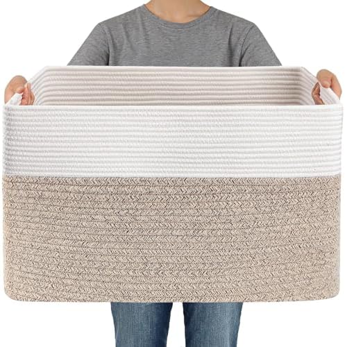 JMvicyroam 96L Large Woven Cotton Rope Blanket Basket, White&Oatmeal by JMvicyroam