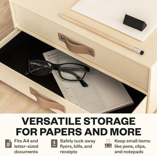 Bigso Birger 2 Drawers - Desktop Drawers for A4 and Letter Size Papers and Documents - Tabletop Drawers with Leather Handles - 13.1 in x 10 in x 5.7 in - Cream - Image 4