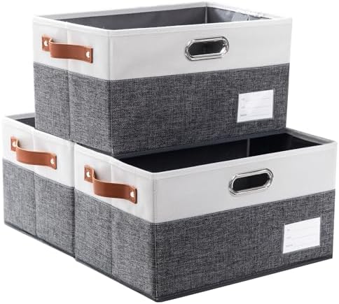 PRANDOM Larger Foldable Storage Bins with Handles [3-Pack] Fabric Collapsible Storage Boxes Baskets Cubes Containers with Handles for Closet Living Room Bedroom (Grey & White 17.3x12.2x10.4') by Prandom
