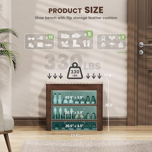 Shoe Bench for Entryway, Solid Rubberwood Shoe Bench with Hidden Storage, Adjustable 2-Tier Shelves & Soft PU Leather Seat, Shoe Rack Durable Easy Assembly for Hallway or Bedroom - Beige, 23.6" - Image 3