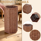 UNICRAFTALE 1pc Brown Handmade Wicker Umbrella Stand Hexagonal Woven Rattan Umbrella Holder with Storage Basket for Entryway and Bathroom 15.5x8.5x7.5 Inch - Image 4